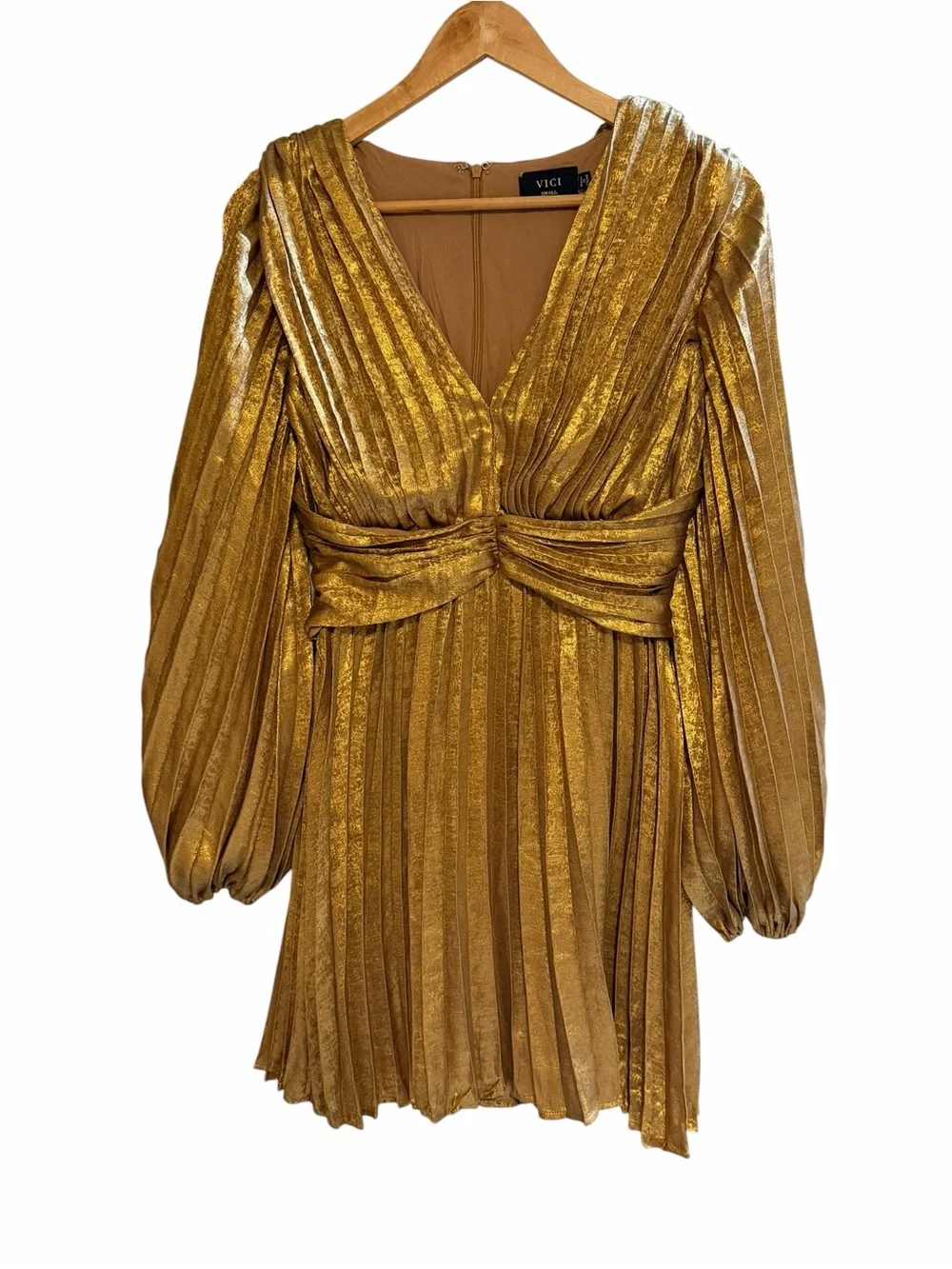 Vici Metallic Gold Plissé Twist-Waist Mini Dress